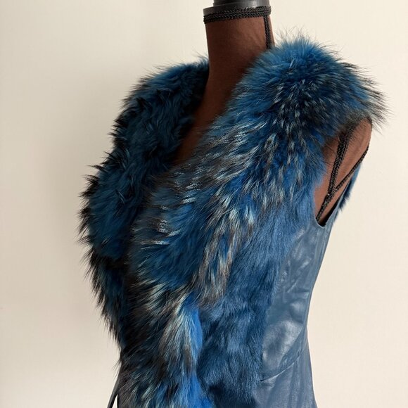 NWOT Blue Leather Vest Real Fox Fur L size - Picture 5 of 15
